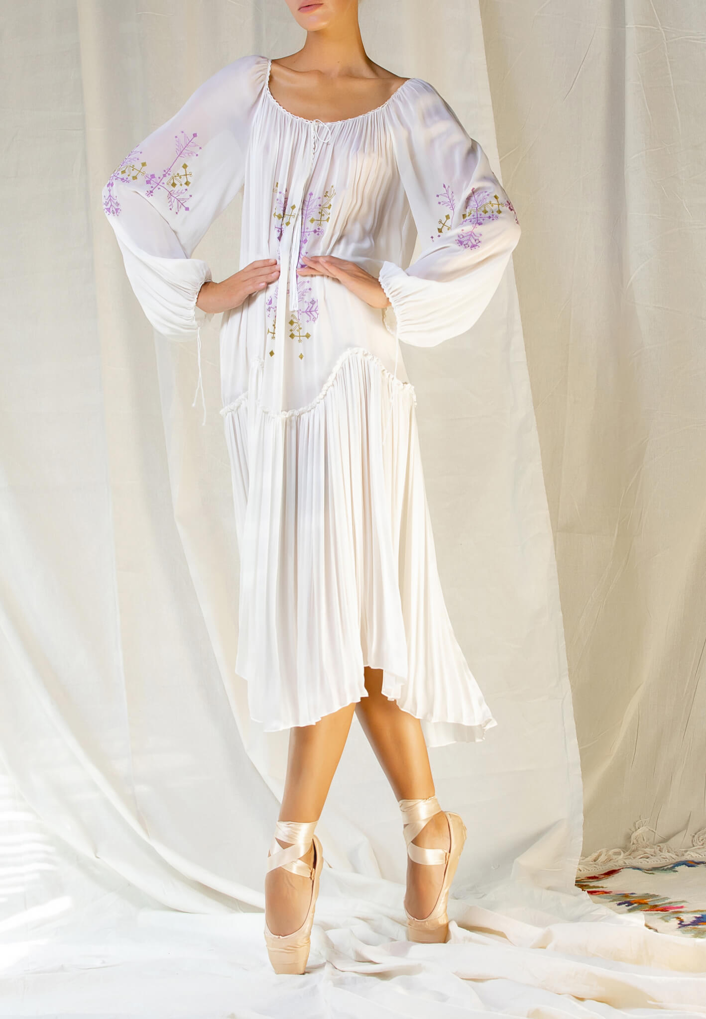 White Silk dress with embroidery