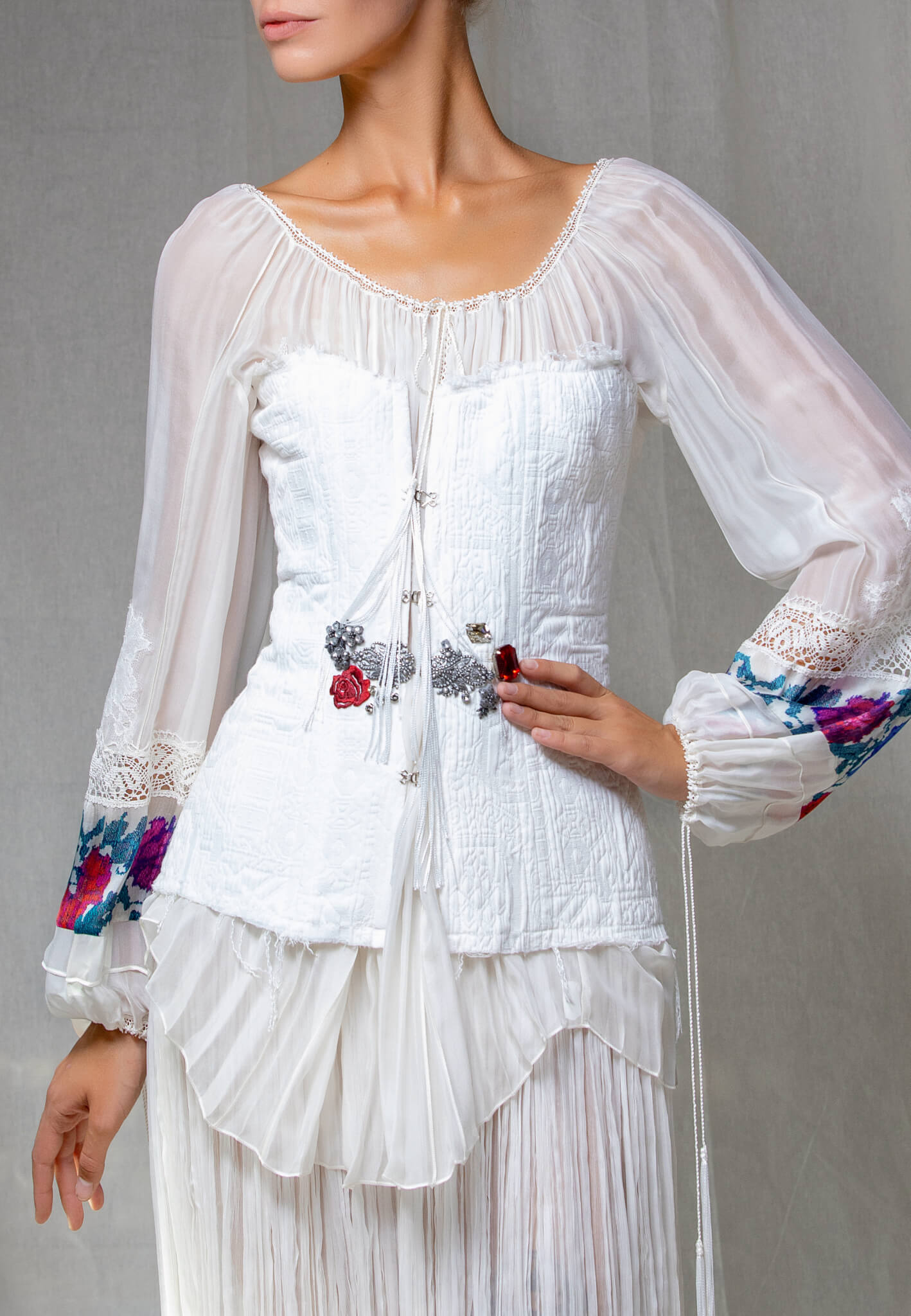 Silk blouse with lace and print