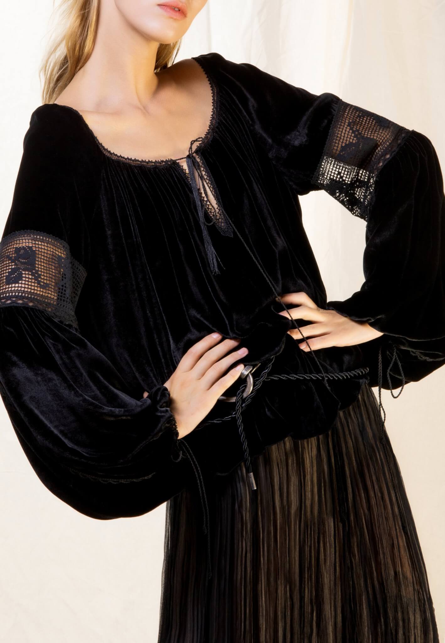 Black velour blouse with lace