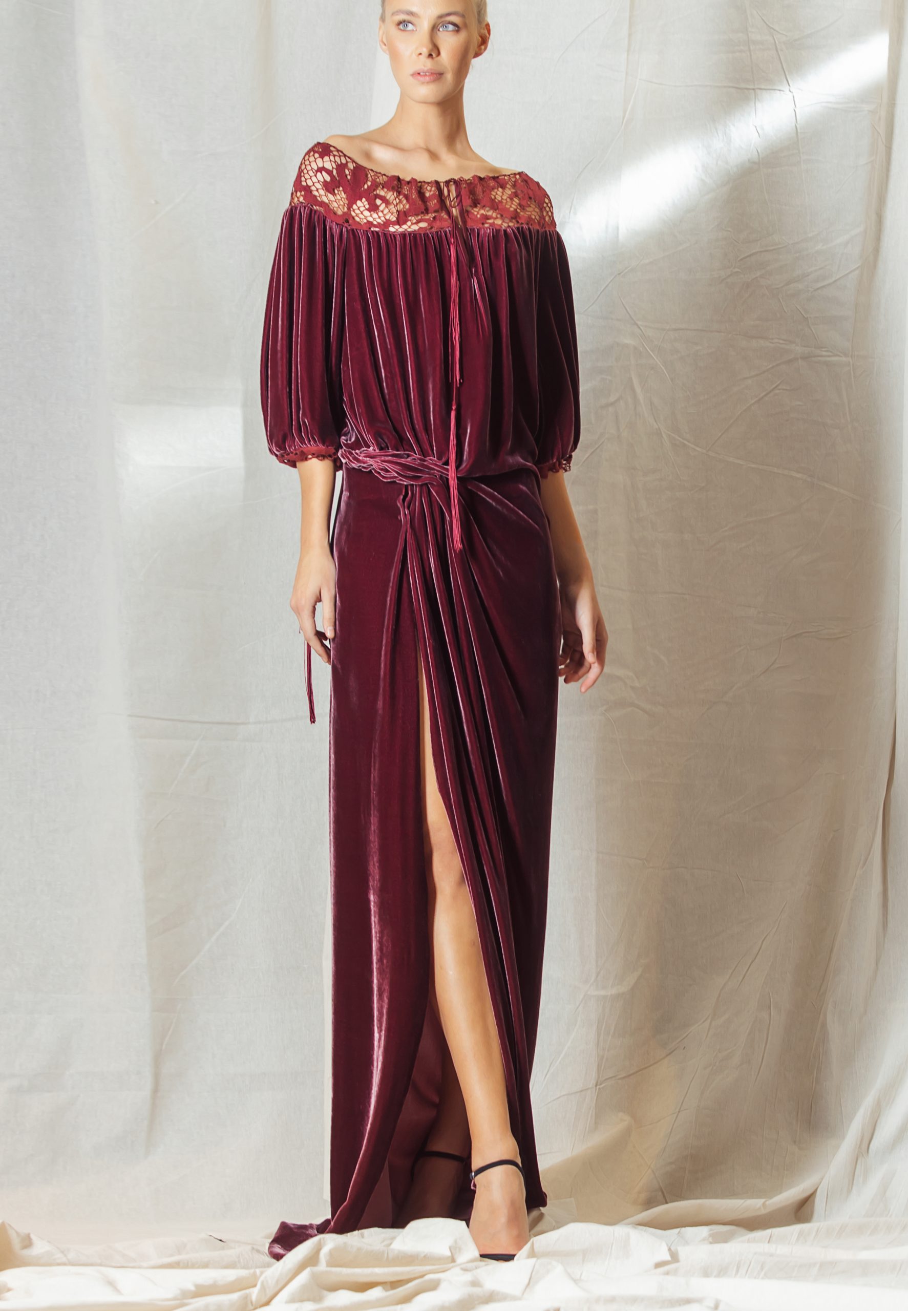Burgundy Velour dress with lace