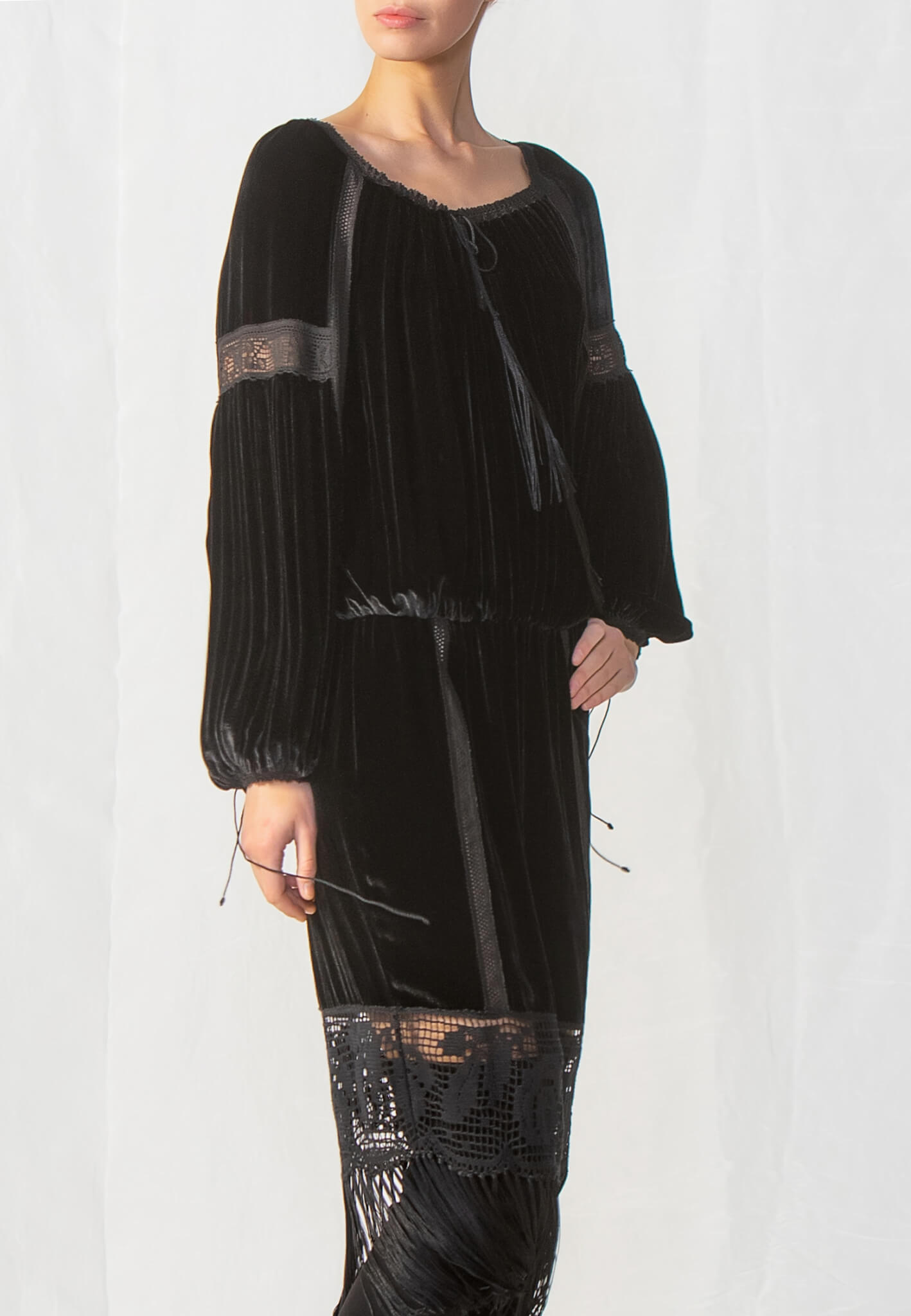 Black velour dress with lace