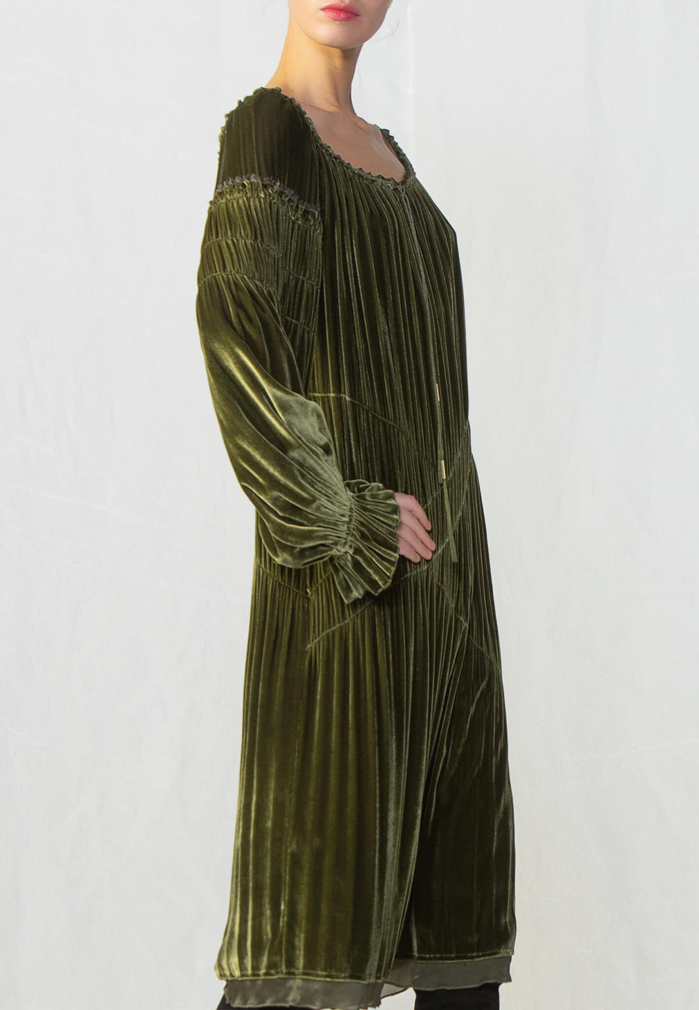 Green velour dress with embroidery