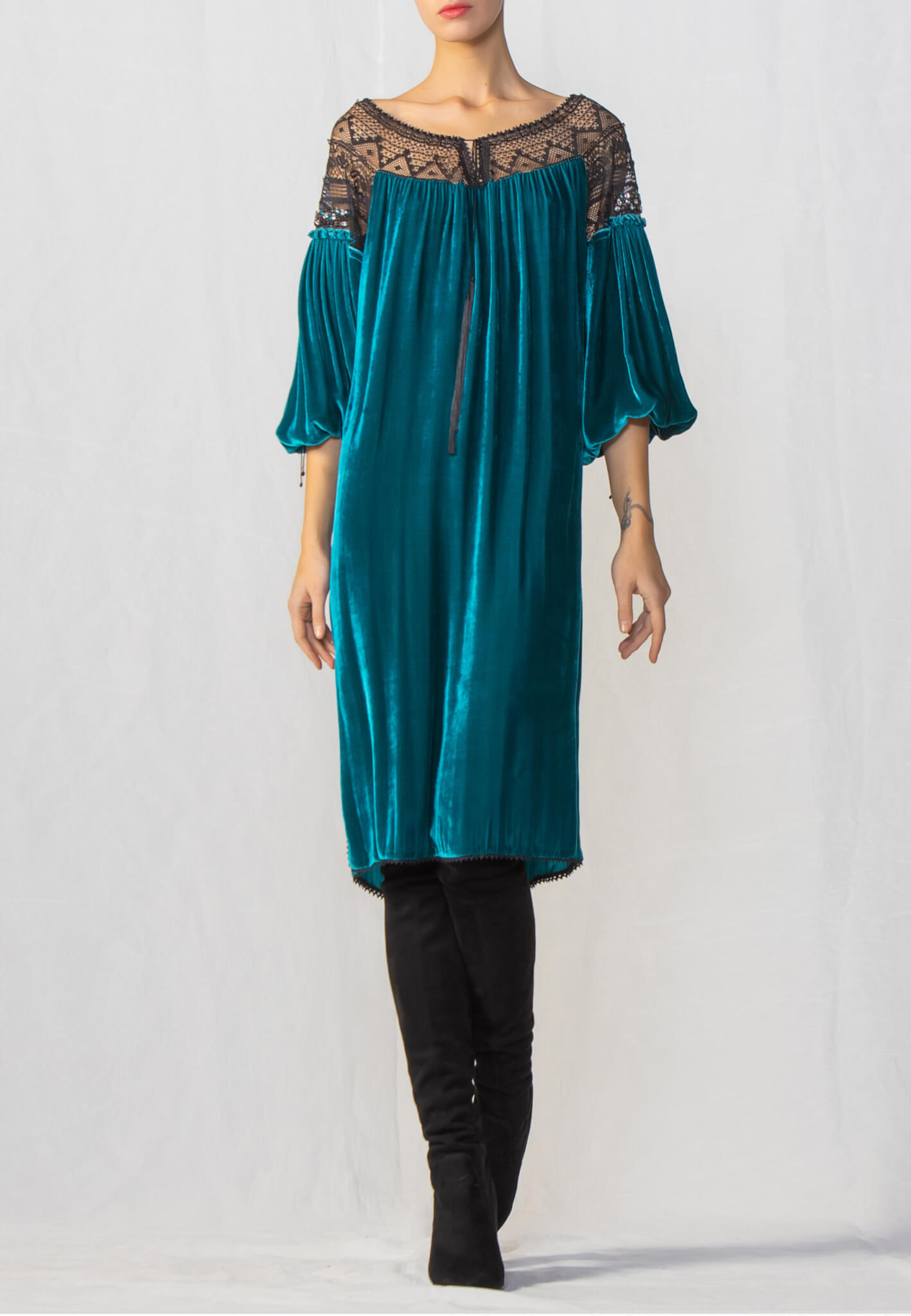 Velour dress with lace and beads