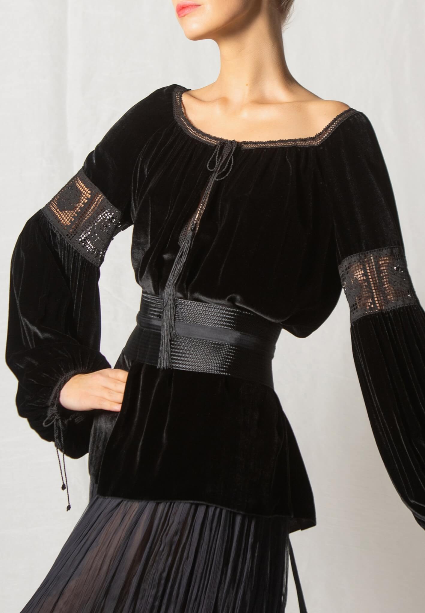 Black velour blouse with lace