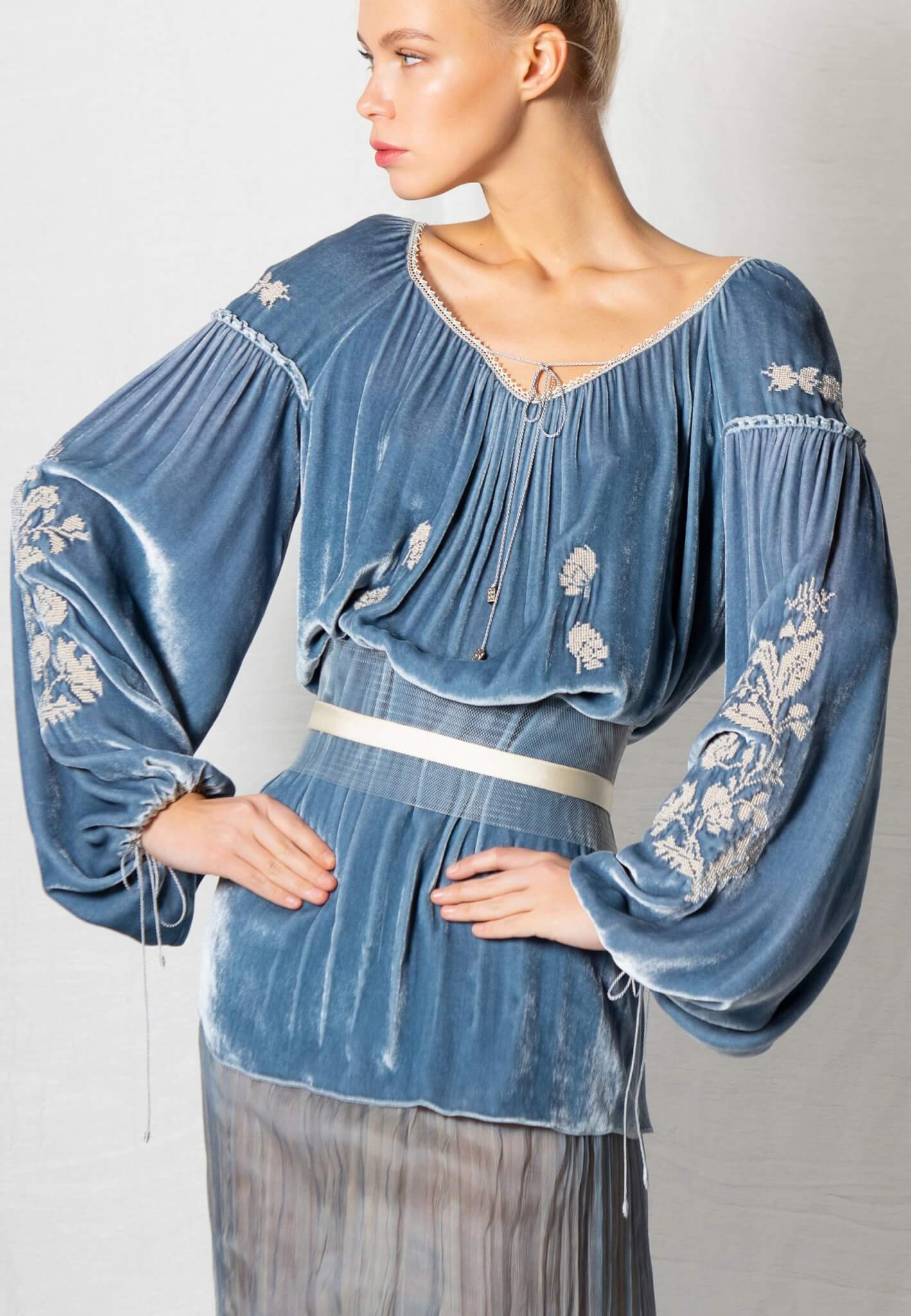 Blue velour blouse with embroidery